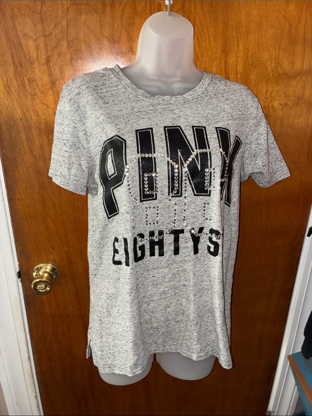 PINK Victoria's Secret Heather Gray Graphic Tee with Rhinestone Logo